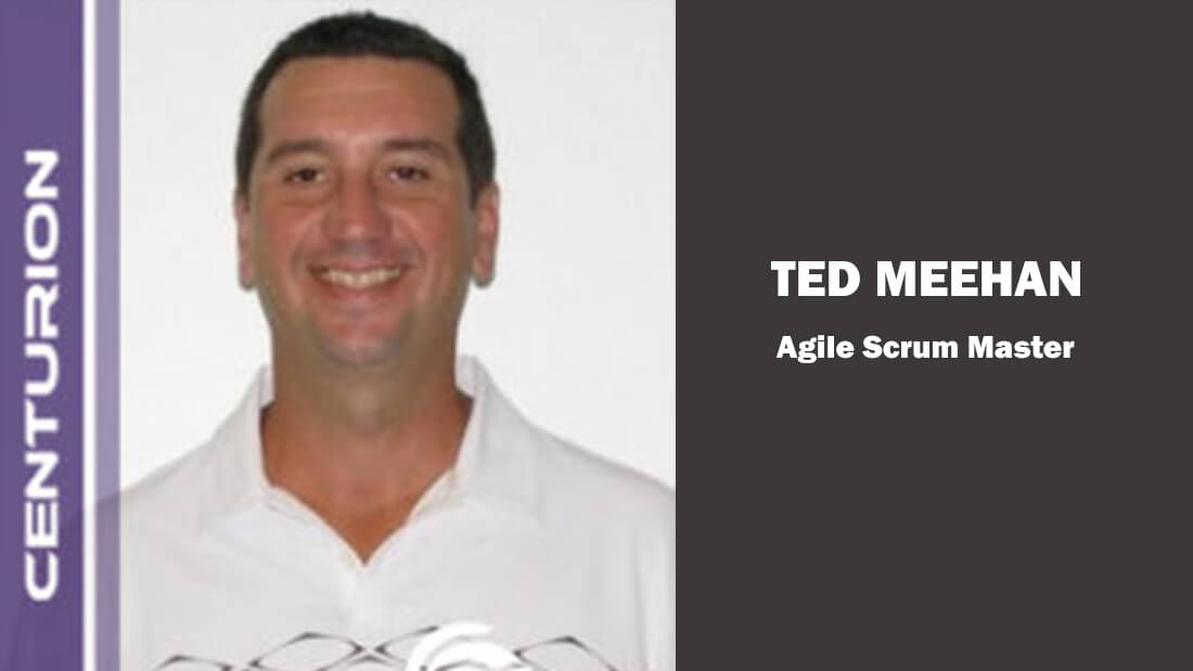 A man standing in front of a wall with an image of the words " ted miller agile scrum master ".