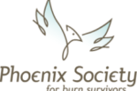 A black and white logo of the phoenix society for burn survivors.