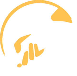 A white and yellow logo with an image of a person doing a trick.