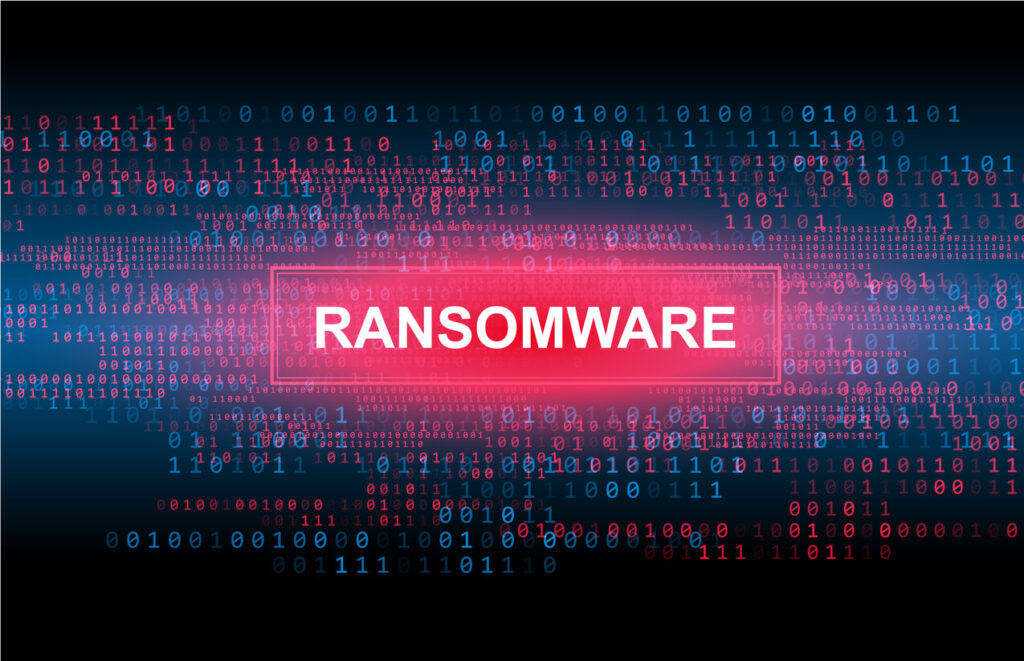 A red and blue background with the word ransomware