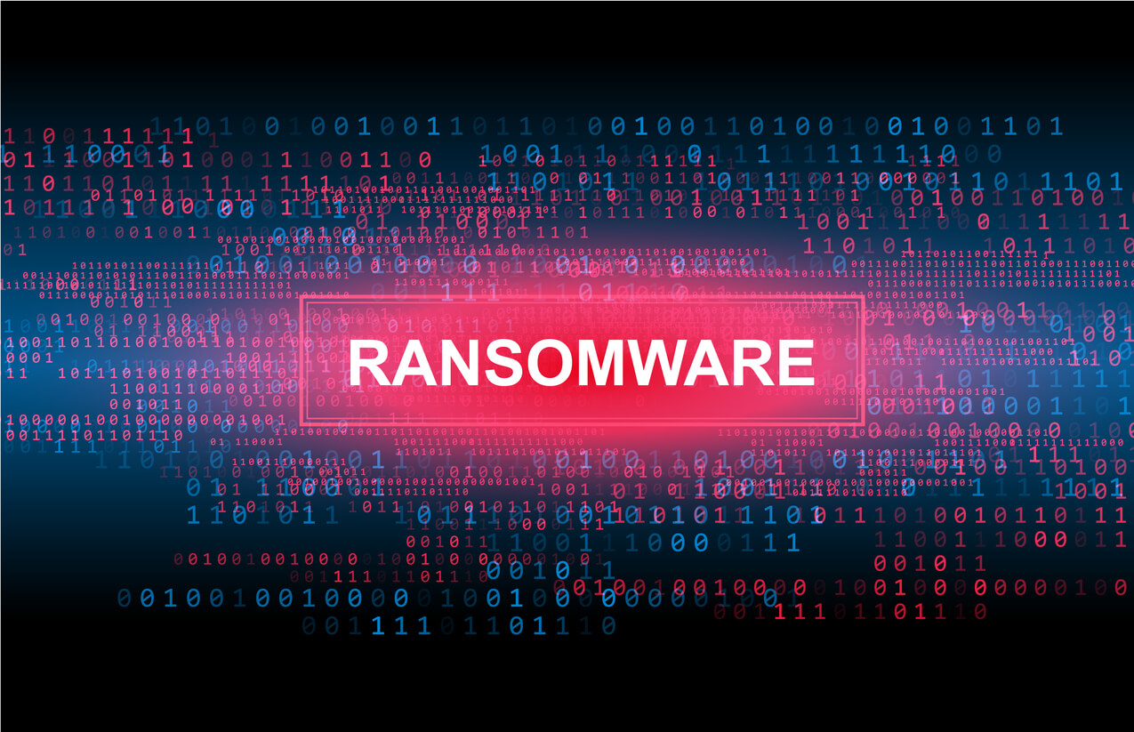 A red and blue background with the word ransomware