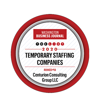 A badge that says, " washington business journal 2 0 2 0 temporary staffing companies ranked # 1 4 centurion consulting group llc."
