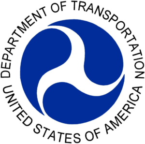 A blue and white logo for the department of transportation.