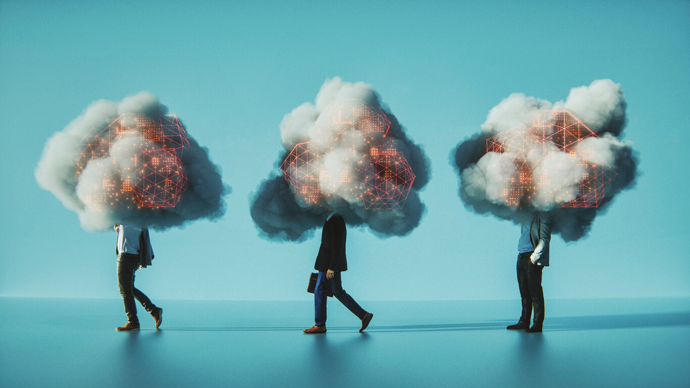 A group of people walking with smoke coming out from their heads.