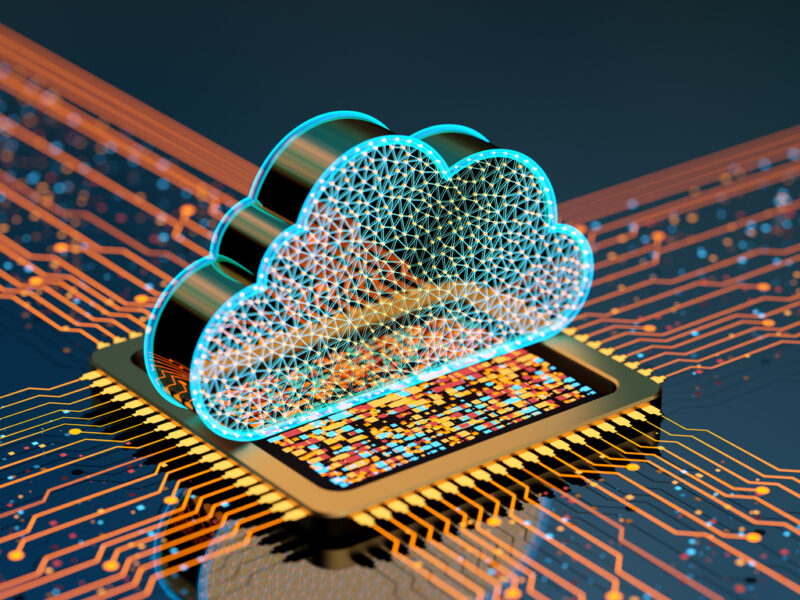 A computer chip with an image of the cloud on it.