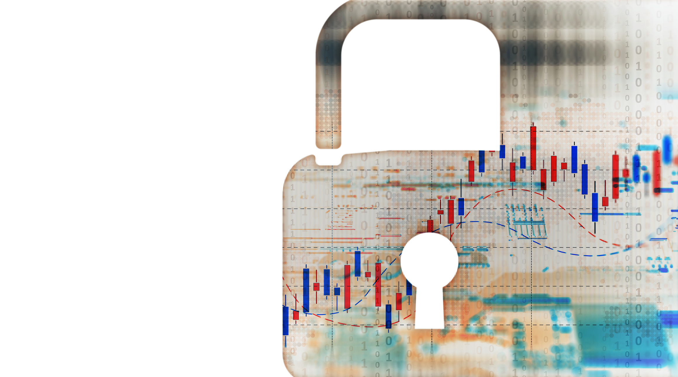 A padlock with a faded picture of a stock market.