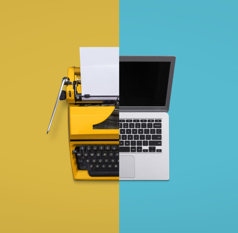 A laptop and typewriter on a yellow and blue background